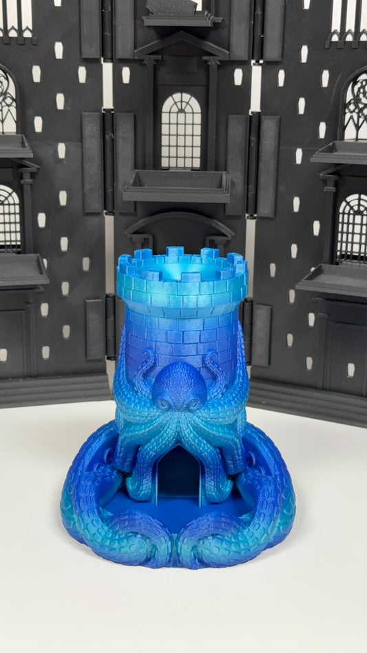 3D Printed Octopus Dice Tower in Blue Gradient PLA
