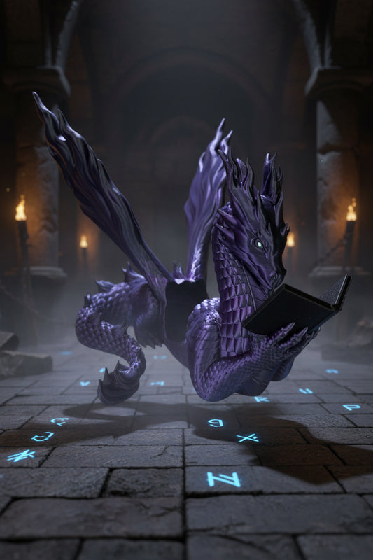 Arcane Dragon Book Display Stand front view with iridescent purple-black scales, crown horns, and open book cradle