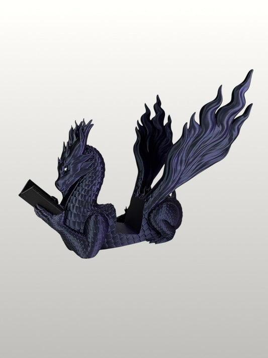 Arcane Dragon cradling an open book, vivid green reptilian eye, and armored scaled claws