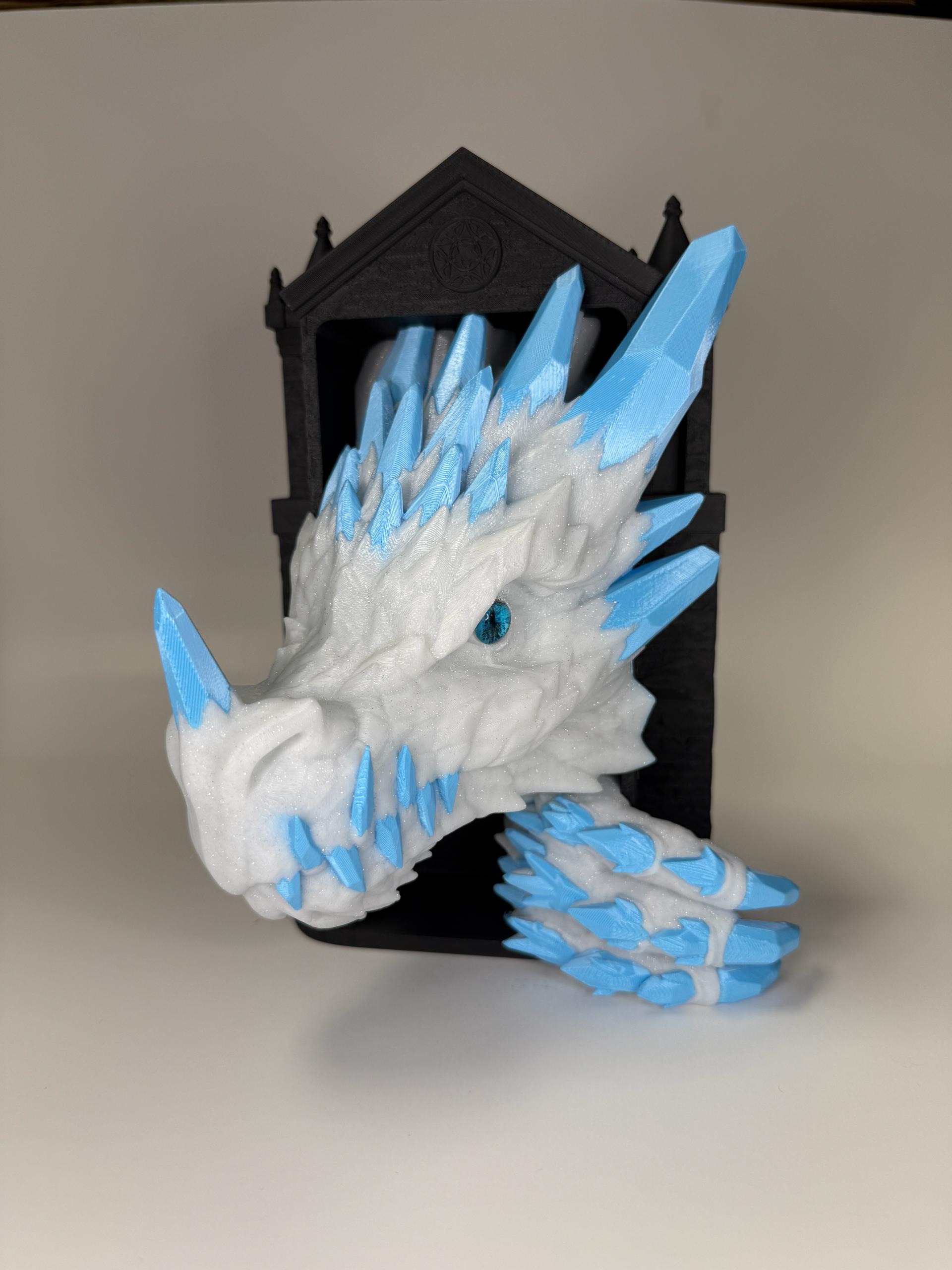 Crystal Dragon head emerging from gothic frame with cyan crystalline horns and piercing reptilian eye